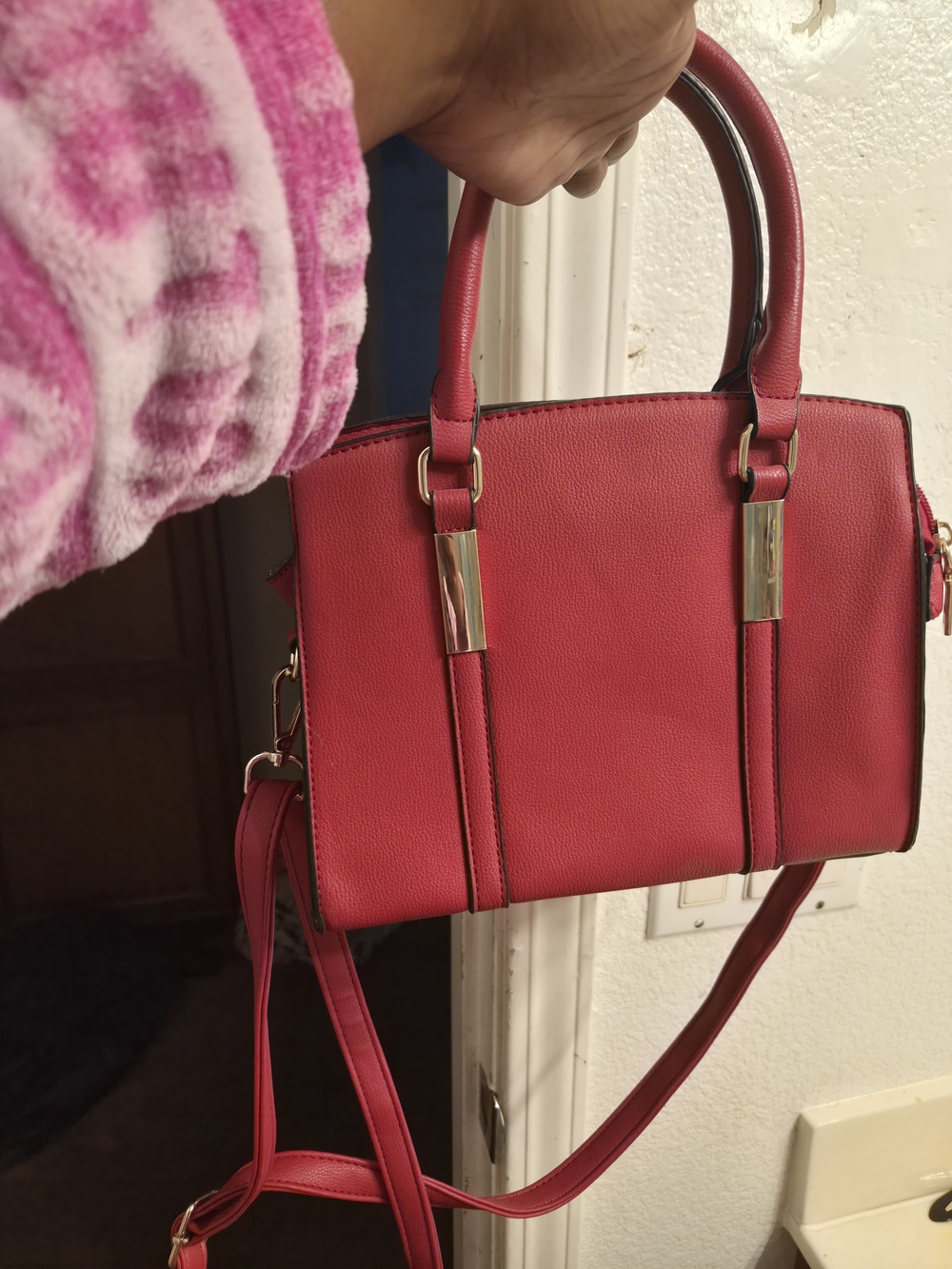 Red Structured Satchel Handbag with Gold Accents